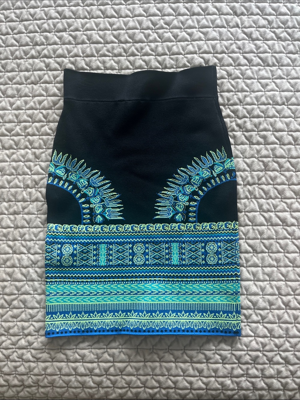 BCBGMaxAzria Black Mini Skirt with Teal & Aqua Embroidery
